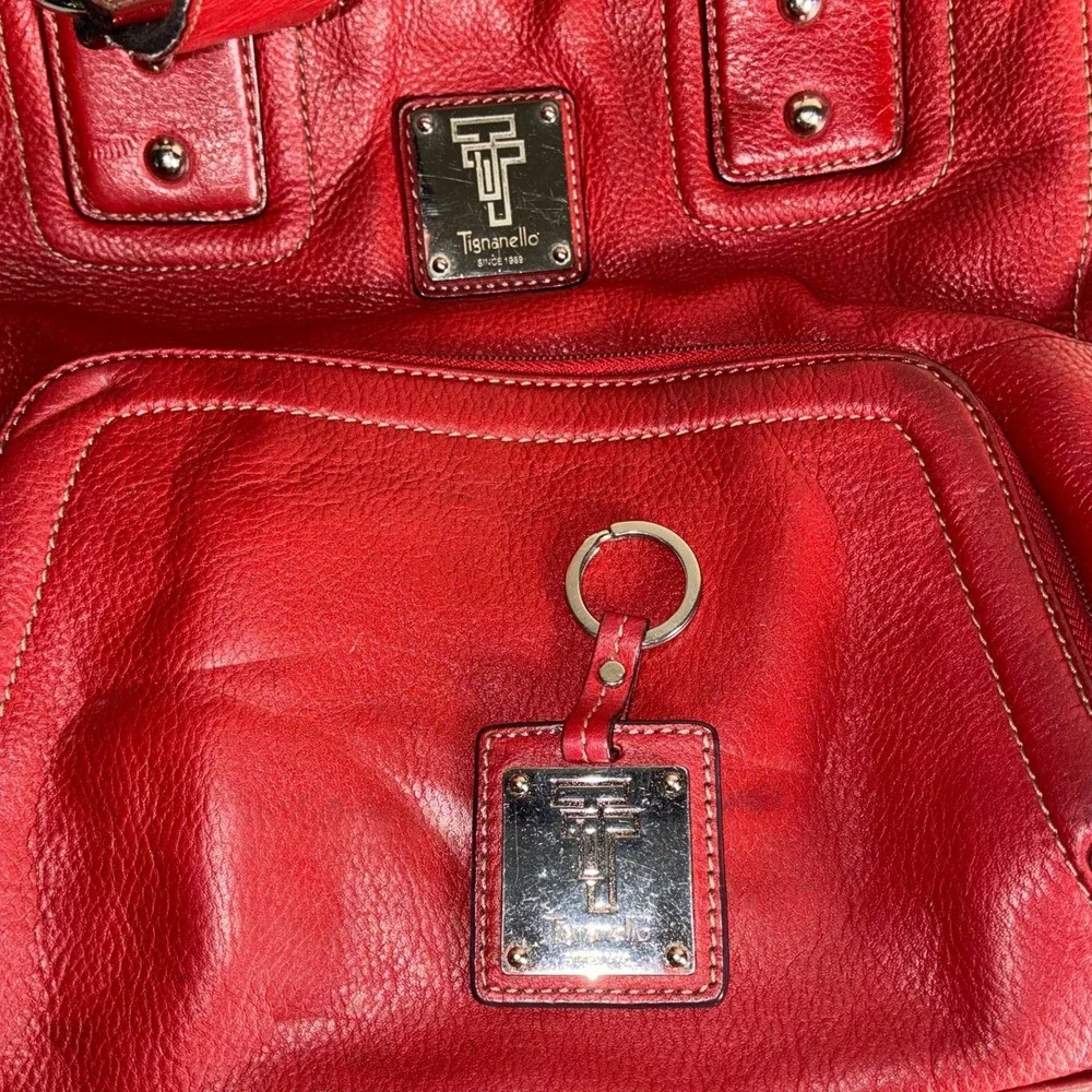 Vintage Tignanello Red Leather Shoulder Bag - Med- Pebbled Zip Top with Hang Tag